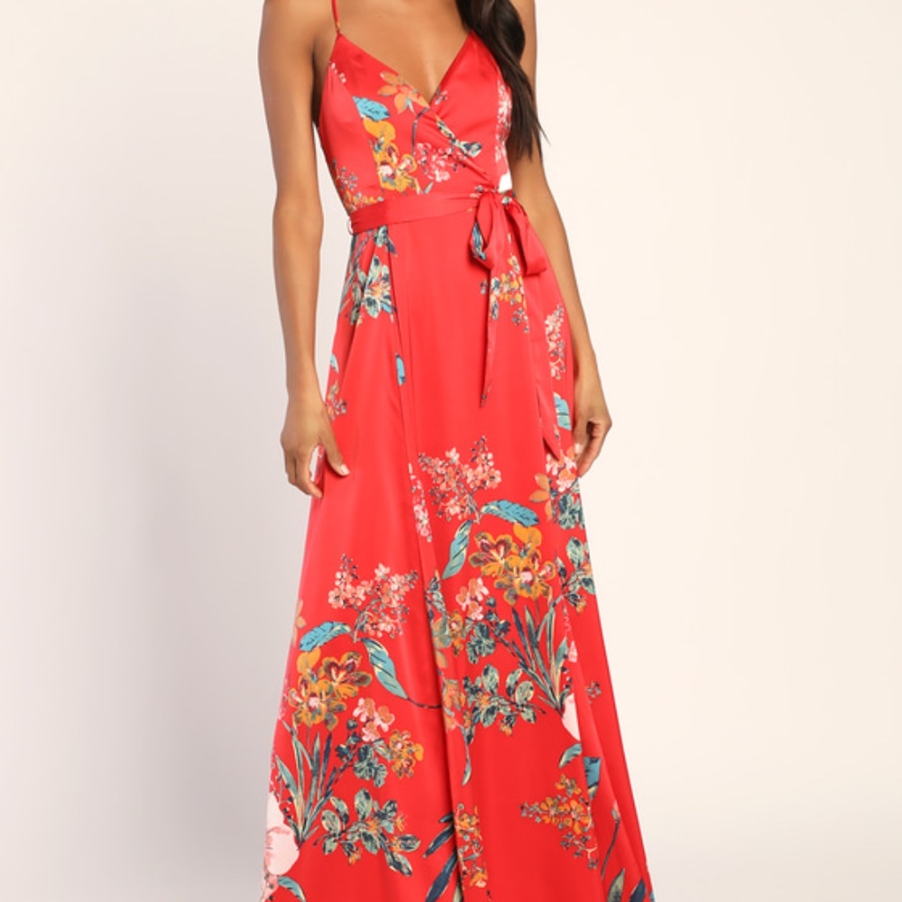 Lulus Still The One Red Floral Print Satin Maxi Dress - Size L